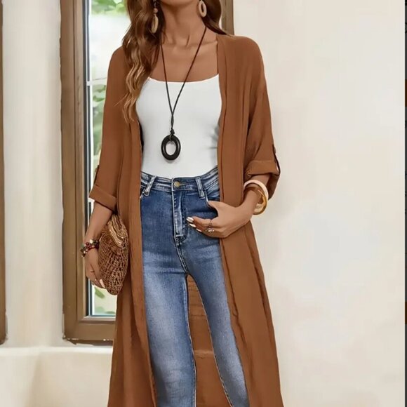 Sweaters - Elegant Long Cardigan Lightweight Open Front Sweater for Office & Outings Size M